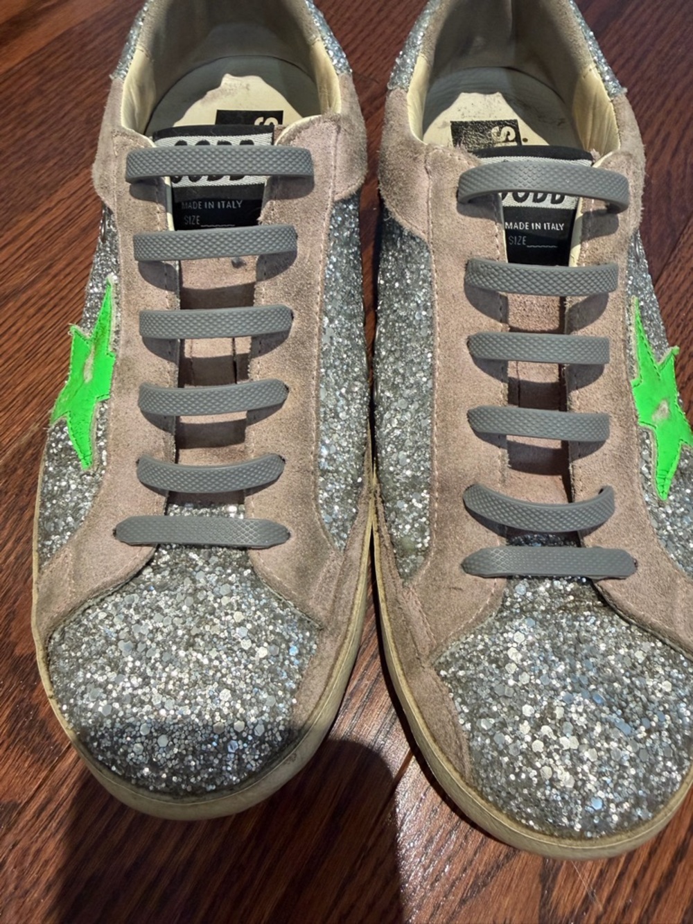 Golden Goose Silver Glitter Sneakers with Neon Green Star - Picture 3 of 11